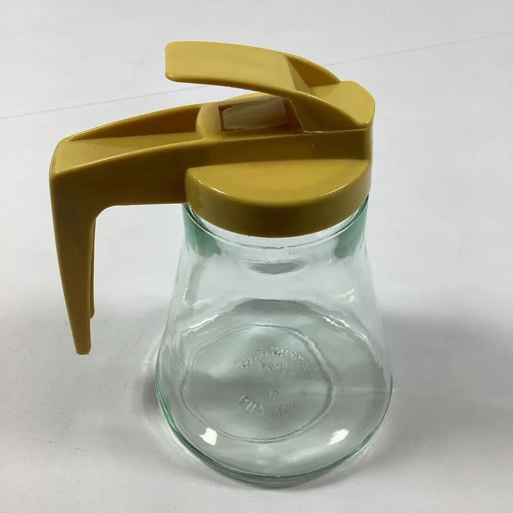 Vintage Androck Glass Syrup Dispenser Gold Lid Honey Pitcher Diner USA MCM